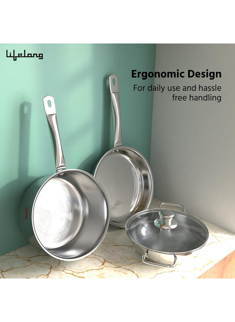 Lifelong Lifelong Triply Kadai, Frypan & Saucepan for Cooking | Stainless Steel 22 cm Kadai & Fry Pan with Glass Lid | 14 cm Sauce Pan | Induction Bottom & Gas Stove Cookware (Silver, LLOTPC01)  - Image 3