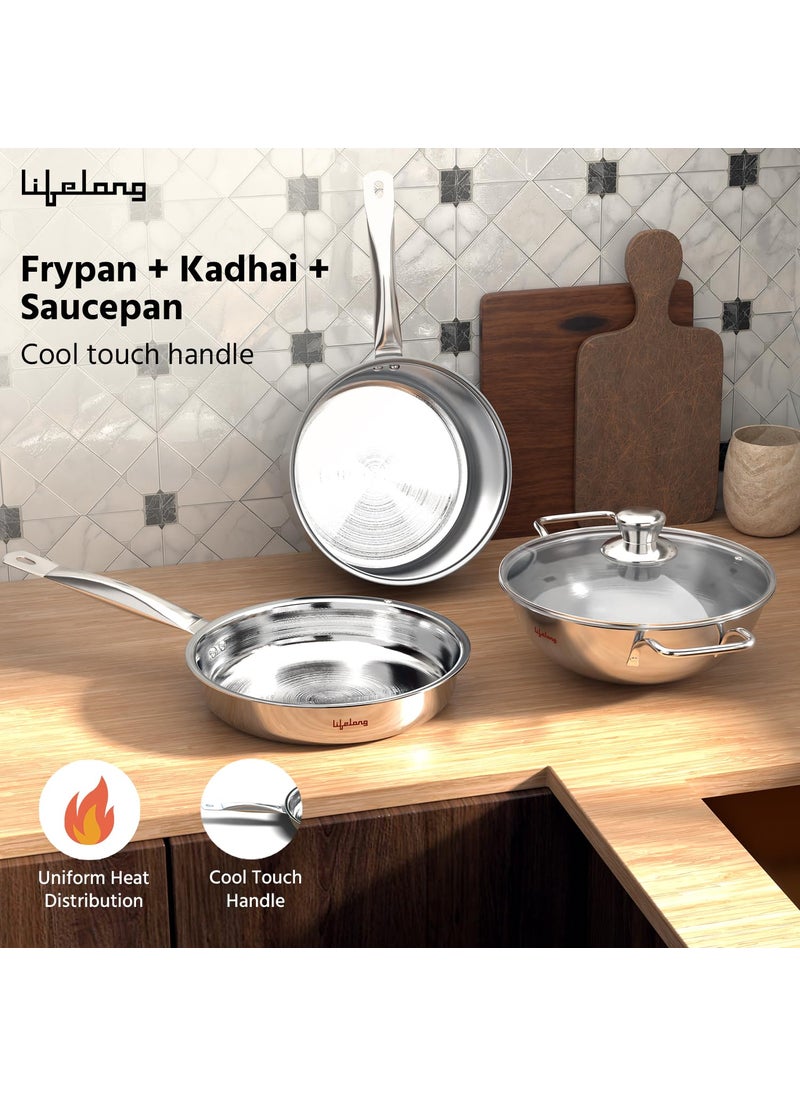 Lifelong Lifelong Triply Kadai, Frypan & Saucepan for Cooking | Stainless Steel 22 cm Kadai & Fry Pan with Glass Lid | 14 cm Sauce Pan | Induction Bottom & Gas Stove Cookware (Silver, LLOTPC01)  - Image 2