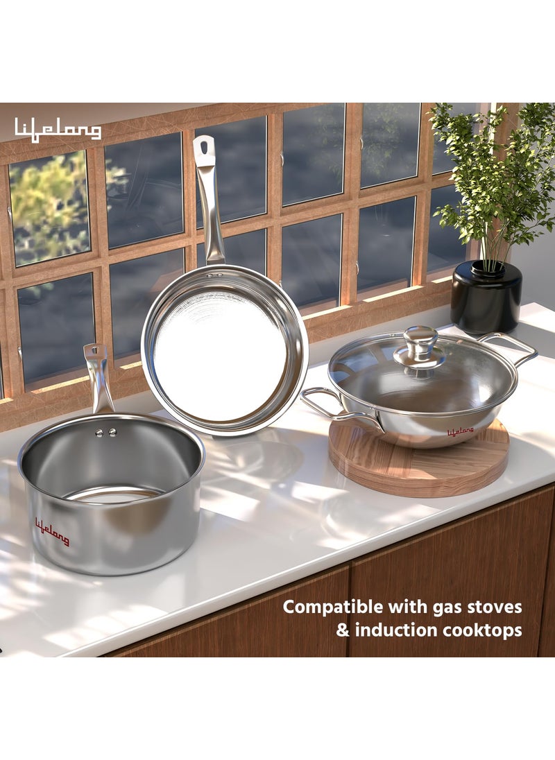 Lifelong Lifelong Triply Kadai, Frypan & Saucepan for Cooking | Stainless Steel 22 cm Kadai & Fry Pan with Glass Lid | 14 cm Sauce Pan | Induction Bottom & Gas Stove Cookware (Silver, LLOTPC01)  - Image 5