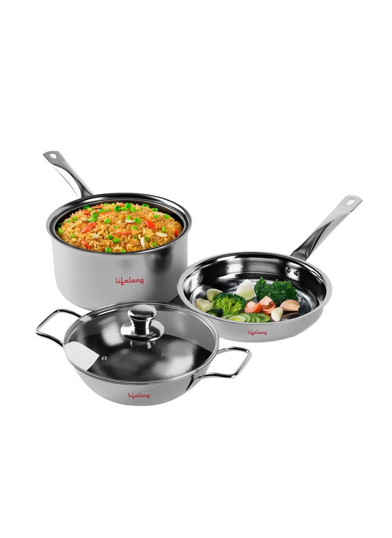 Lifelong Lifelong Triply Kadai, Frypan & Saucepan for Cooking | Stainless Steel 22 cm Kadai & Fry Pan with Glass Lid | 14 cm Sauce Pan | Induction Bottom & Gas Stove Cookware (Silver, LLOTPC01)  - Image 1