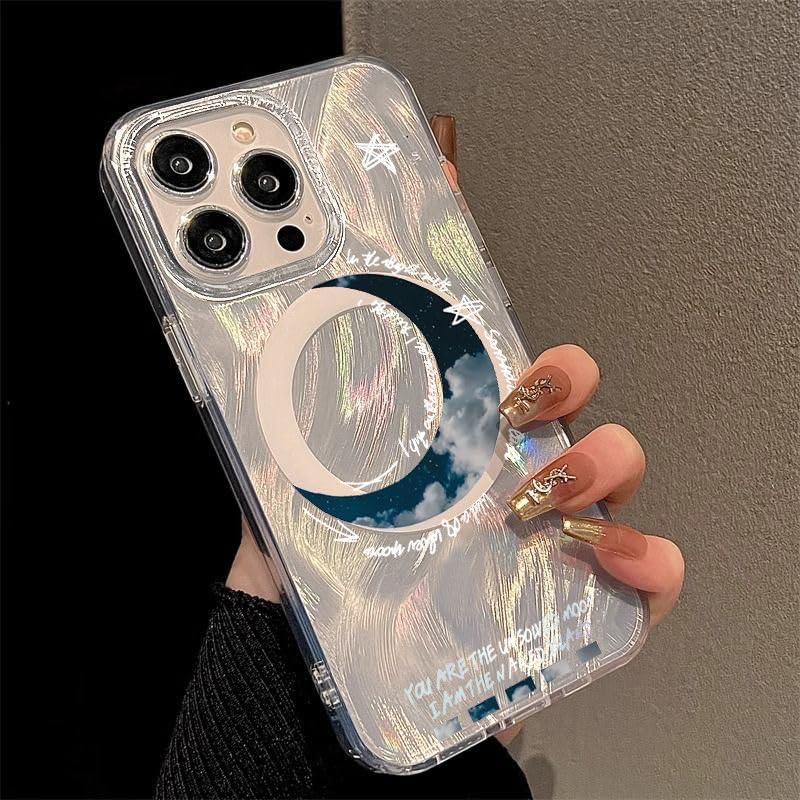 PANDACAMEL Compatible iPhone 14 Magnetic Case, Shiny Colorful with Moon Pattern, Strong Magnet, Hard TPU Cover, Anti-Scratch, Yellowing Resistant, Designed for Women Girls Teen - Image 2