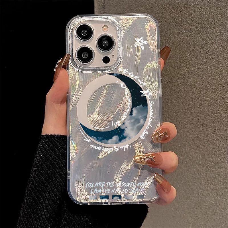PANDACAMEL Compatible iPhone 14 Magnetic Case, Shiny Colorful with Moon Pattern, Strong Magnet, Hard TPU Cover, Anti-Scratch, Yellowing Resistant, Designed for Women Girls Teen - Image 1