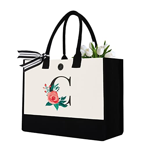 Binggemen Initial Canvas Tote Bag, Personalized Birthday Gifts for Women Mom Friends Teachers, Monogrammed Tote Bags Suitable for Mother's Day Wedding Beach (Letter C) - Image 1