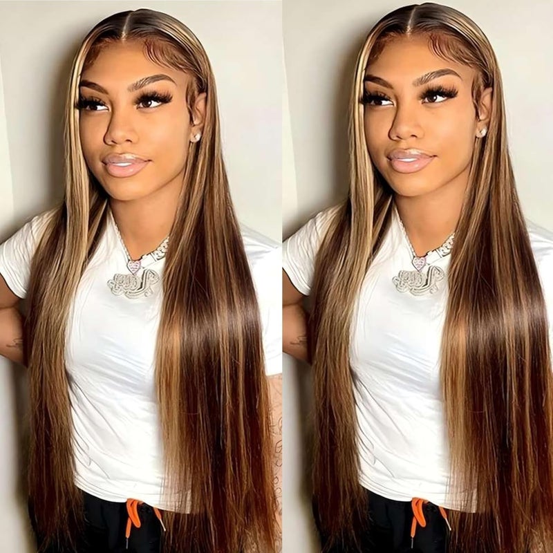 ISEE Wear  Go Glueless Wig Highlight Brown Wigs Silky Straight Preplucked 4x6 HD Transparent 427 Honey Blonde Lace Frontal Wigs 180 Density Colored Straight Human Hair Wigs for Women 18 Inch