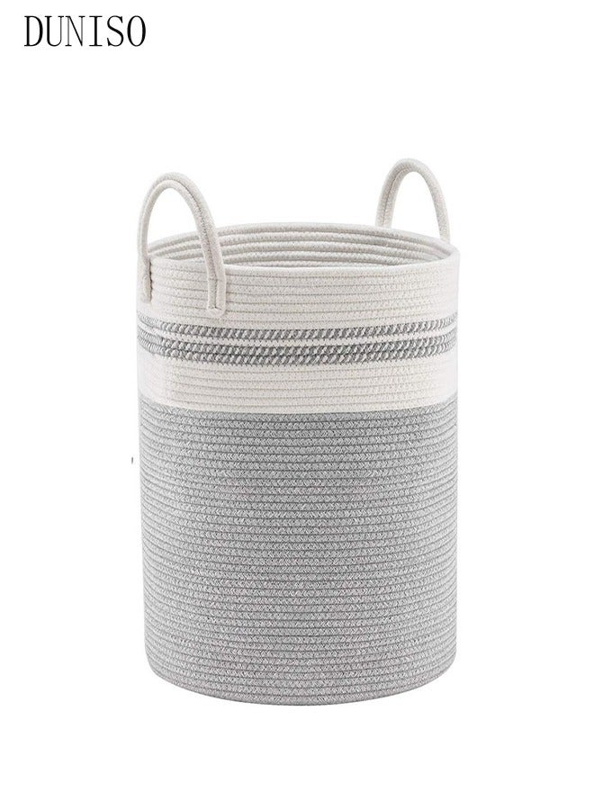 DUNISO High-Capacity Dirty Clothes Basket,Laundry Basket,Cotton Rope Woven Basket With Carrying Handles,Suitable For Organising And Toys/Clothes/Bedding Storage,White And Grey - Image 3