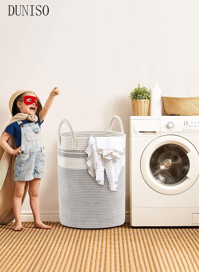 DUNISO High-Capacity Dirty Clothes Basket,Laundry Basket,Cotton Rope Woven Basket With Carrying Handles,Suitable For Organising And Toys/Clothes/Bedding Storage,White And Grey - Image 2