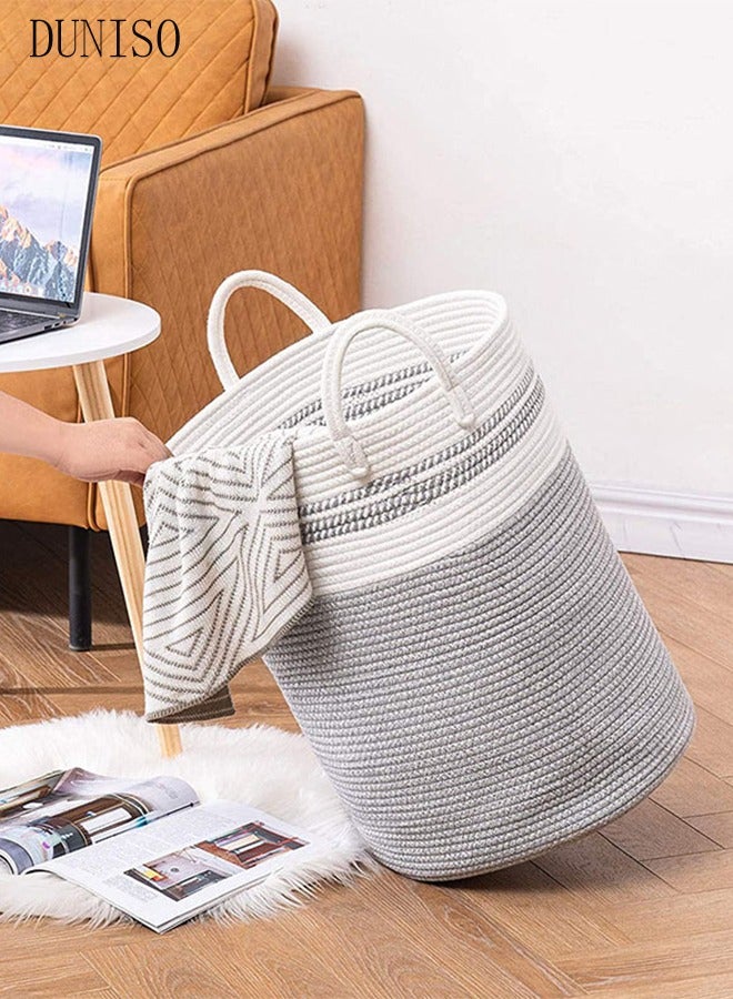 DUNISO High-Capacity Dirty Clothes Basket,Laundry Basket,Cotton Rope Woven Basket With Carrying Handles,Suitable For Organising And Toys/Clothes/Bedding Storage,White And Grey - Image 5