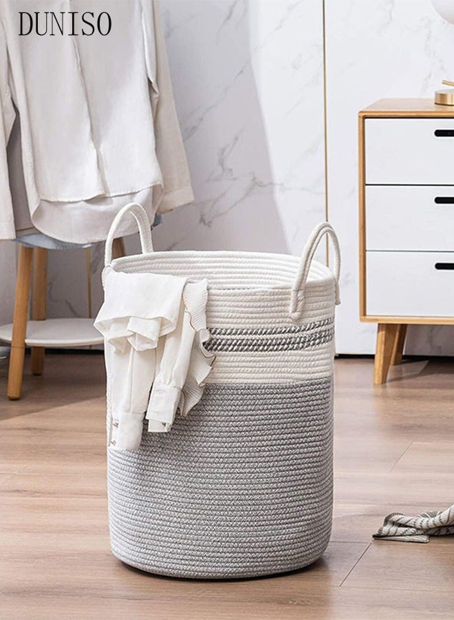 DUNISO High-Capacity Dirty Clothes Basket,Laundry Basket,Cotton Rope Woven Basket With Carrying Handles,Suitable For Organising And Toys/Clothes/Bedding Storage,White And Grey - Image 1