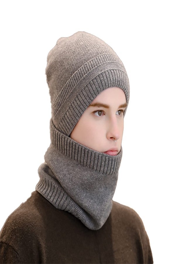 iSWEVEN Men's Woolen Cap with Neck Muffler/Neckwarmer Snow Proof Inside Fur Wool Unisex Beanie Hat Scarf Set Knit Thick Fleece Lined Winter Stylish Caps - Set of 2 Free Size (4094B, Grey) - Image 1