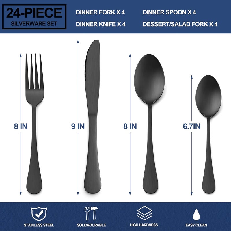 E-far 24-Piece Black Silverware Set, Stainless Steel Flatware Cutlery for 6, Modern Metal Eating Utensils, Include Dinner Knives, Spoons, Forks & Salad Spoons, Mirror Polished & Rust Proof - Image 2
