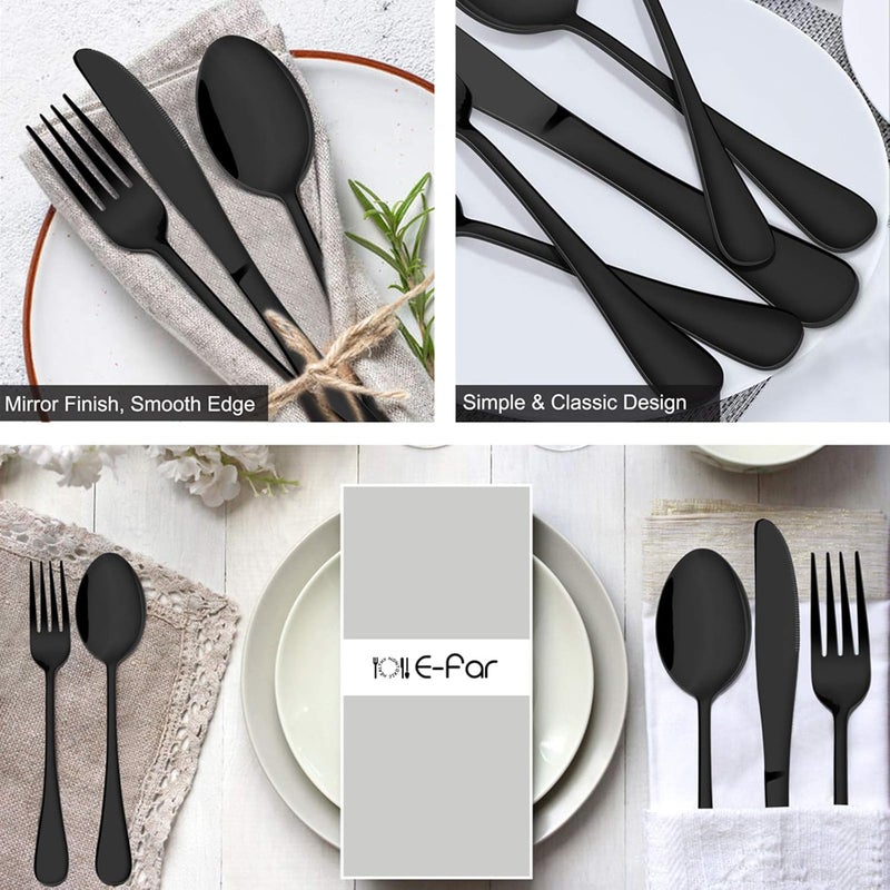E-far 24-Piece Black Silverware Set, Stainless Steel Flatware Cutlery for 6, Modern Metal Eating Utensils, Include Dinner Knives, Spoons, Forks & Salad Spoons, Mirror Polished & Rust Proof - Image 4