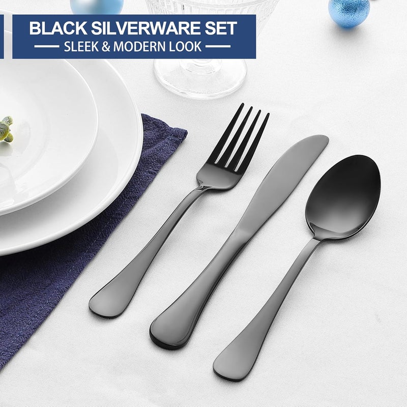 E-far 24-Piece Black Silverware Set, Stainless Steel Flatware Cutlery for 6, Modern Metal Eating Utensils, Include Dinner Knives, Spoons, Forks & Salad Spoons, Mirror Polished & Rust Proof - Image 3