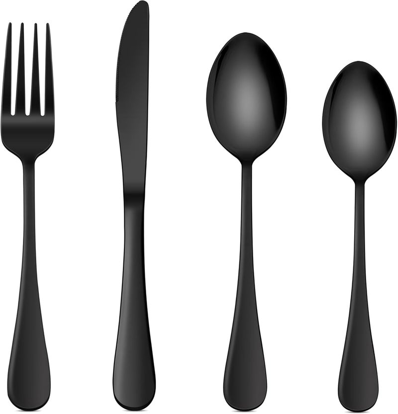 E-far 24-Piece Black Silverware Set, Stainless Steel Flatware Cutlery for 6, Modern Metal Eating Utensils, Include Dinner Knives, Spoons, Forks & Salad Spoons, Mirror Polished & Rust Proof - Image 1