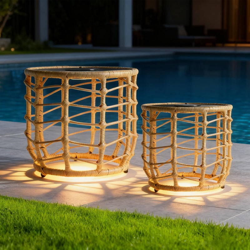 PARTPHONER Boho Solar Outdoor Side Table with Built-in Lights Set of 2, All-Weather Wicker Nesting Tables, Round Waterproof Accent End Table Design for Patio, Porch, Garden & Balcony, Natural Brown - Image 1