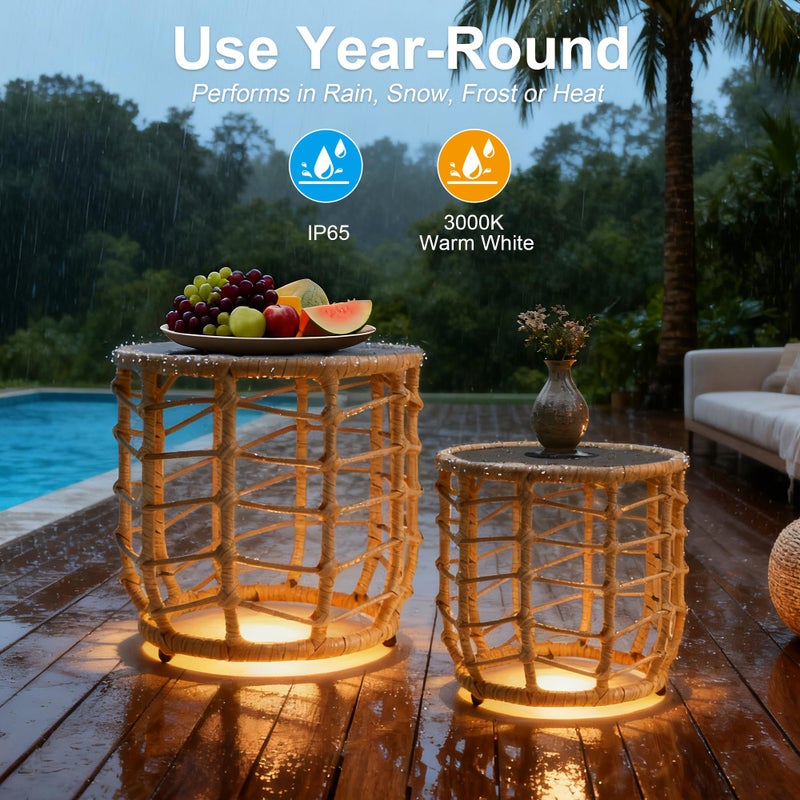 PARTPHONER Boho Solar Outdoor Side Table with Built-in Lights Set of 2, All-Weather Wicker Nesting Tables, Round Waterproof Accent End Table Design for Patio, Porch, Garden & Balcony, Natural Brown - Image 5