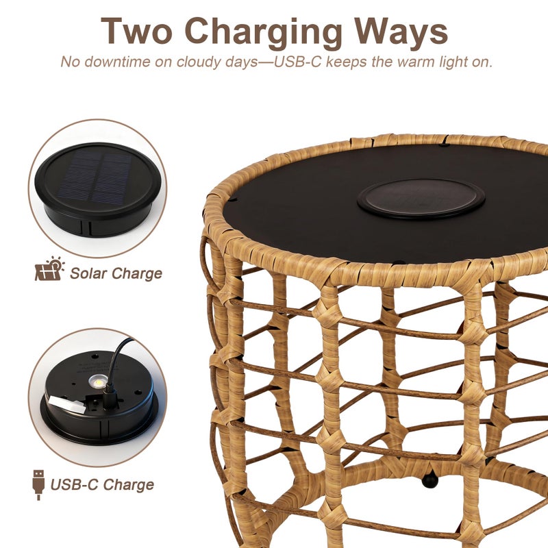 PARTPHONER Boho Solar Outdoor Side Table with Built-in Lights Set of 2, All-Weather Wicker Nesting Tables, Round Waterproof Accent End Table Design for Patio, Porch, Garden & Balcony, Natural Brown - Image 4
