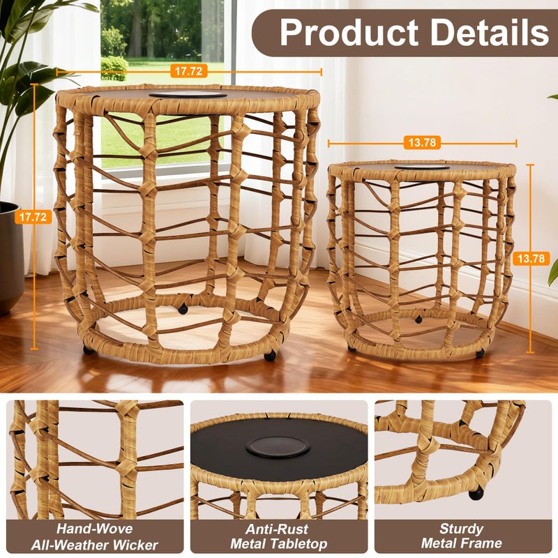 PARTPHONER Boho Solar Outdoor Side Table with Built-in Lights Set of 2, All-Weather Wicker Nesting Tables, Round Waterproof Accent End Table Design for Patio, Porch, Garden & Balcony, Natural Brown - Image 3