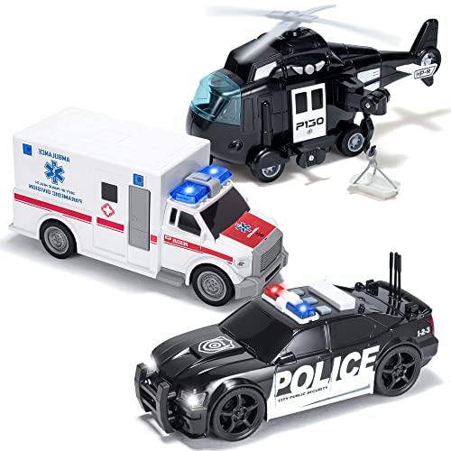 JOYIN Toddler Truck Toys for 3 4 5 6 7 Year Old Boys Police Car Toy Set Emergency Vehicle Playset Friction Powered Car with Lights and Sounds Birthday Gifts for Boys Girls Age 39 - Image 1