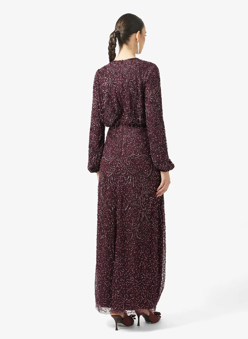 MARYISA Elegent Sequin Long Sleeve Maxi Dress