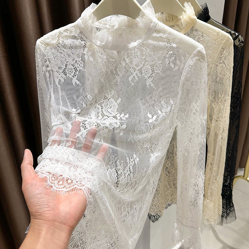 Lace undershirt women's autumn and winter sweater inner wear stylish half-turtleneck tulle hollowed-out gauze top spring and autumn - Image 1