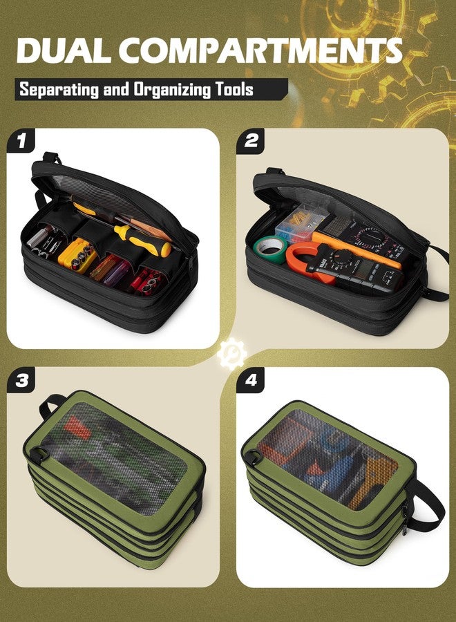 Marscamd 2 Pack Tool Pouch with Dual Compartments, 12” Tool Bag with Detachable Shoulder Strap, Carry Handle and Translucent Window, Black/Green - Image 2