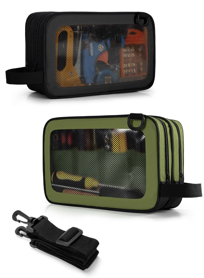 Marscamd 2 Pack Tool Pouch with Dual Compartments, 12” Tool Bag with Detachable Shoulder Strap, Carry Handle and Translucent Window, Black/Green - Image 1