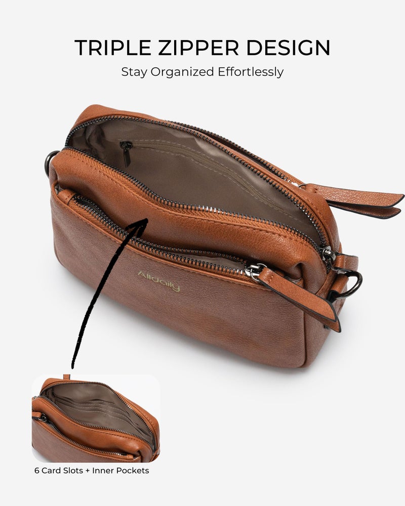 Alldaily Small Triple Zip Crossbody Purse for Women, Vegan Leather Phone Bag with Wide Shoulder Strap (Brown) - Image 3
