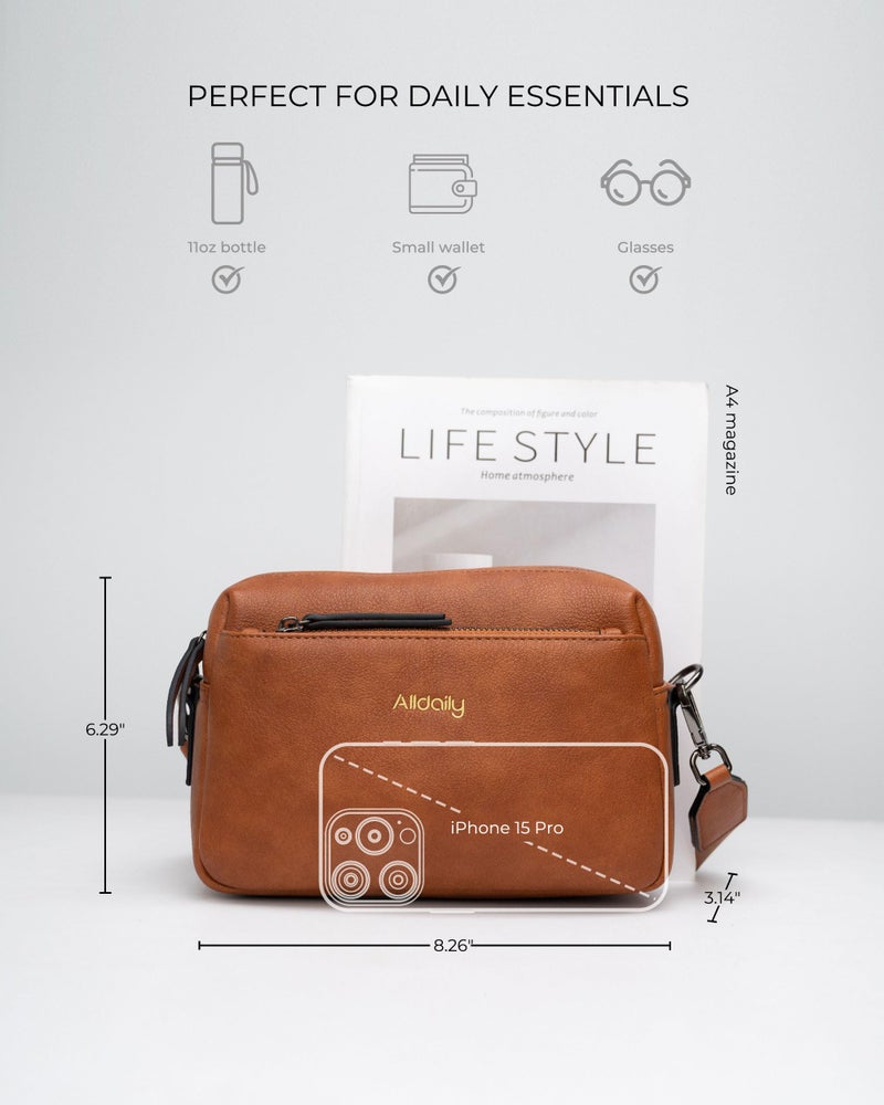 Alldaily Small Triple Zip Crossbody Purse for Women, Vegan Leather Phone Bag with Wide Shoulder Strap (Brown) - Image 5