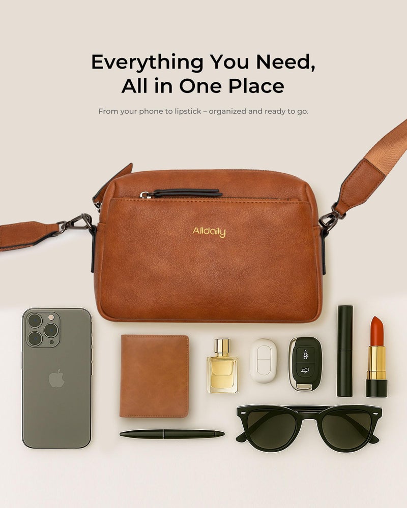 Alldaily Small Triple Zip Crossbody Purse for Women, Vegan Leather Phone Bag with Wide Shoulder Strap (Brown) - Image 4