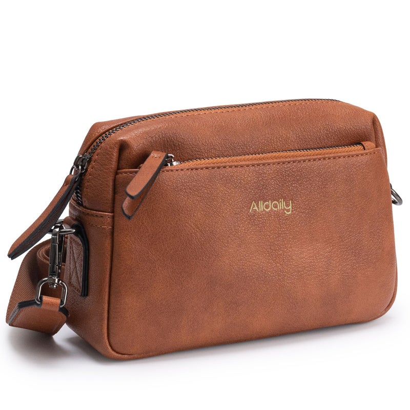 Alldaily Small Triple Zip Crossbody Purse for Women, Vegan Leather Phone Bag with Wide Shoulder Strap (Brown) - Image 1