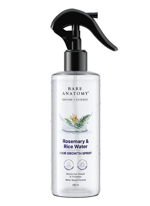 Bare Anatomy Nature x Science Rosemary Water Spray for Hair Growth & Hair Thickness with Rice Water |100% Natural Extract | Soft & Smooth Hair| Controls Hairfall| Non-Greasy & Fast Absorbing | 200 ml