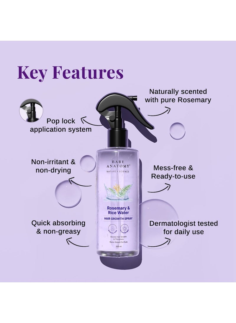 BARE ANATOMY Bare Anatomy Nature x Science Rosemary Water Spray for Hair Growth & Hair Thickness with Rice Water |100% Natural Extract | Soft & Smooth Hair| Controls Hairfall| Non-Greasy & Fast Absorbing | 200 ml  - Image 4