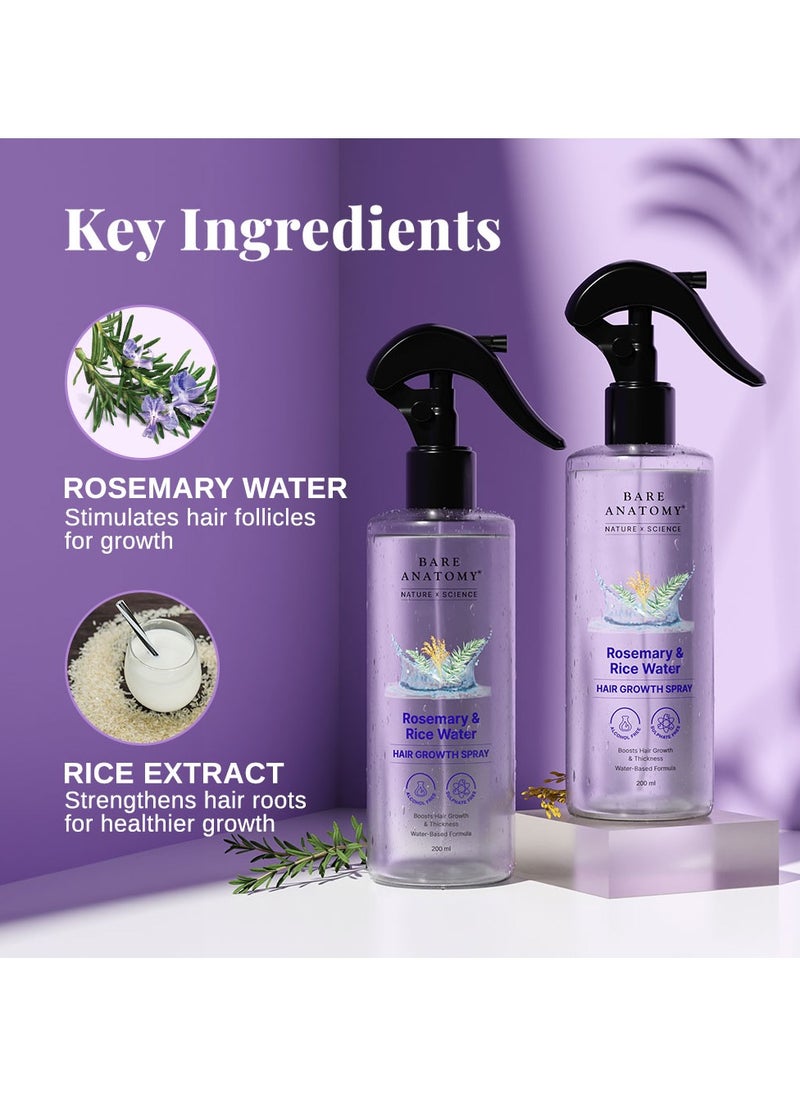 BARE ANATOMY - Bare Anatomy Nature x Science Rosemary Water Spray for Hair Growth & Hair Thickness with Rice Water |100% Natural Extract | Soft & Smooth Hair| Controls Hairfall| Non-Greasy & Fast Absorbing | 200 ml - Image 1