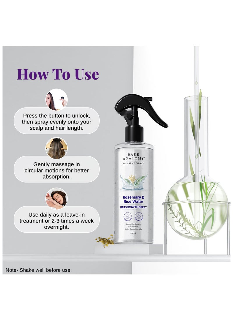 BARE ANATOMY - Bare Anatomy Nature x Science Rosemary Water Spray for Hair Growth & Hair Thickness with Rice Water |100% Natural Extract | Soft & Smooth Hair| Controls Hairfall| Non-Greasy & Fast Absorbing | 200 ml - Image 1
