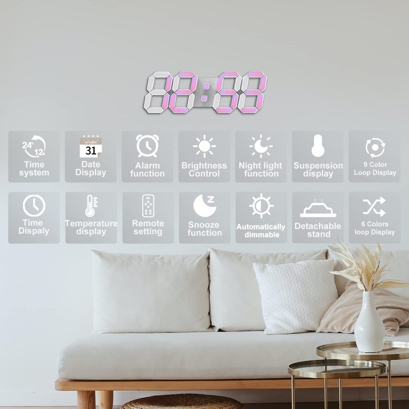 Deeyaple Led Digital Alarm Clock 3D Small Wall Clock Snooze Dimmable Time Memory 12/24 Date Temperature Remote Control Night Light Office Kitchen Living Room Bedroom (9.7 Inch, Multicolor) - Image 2