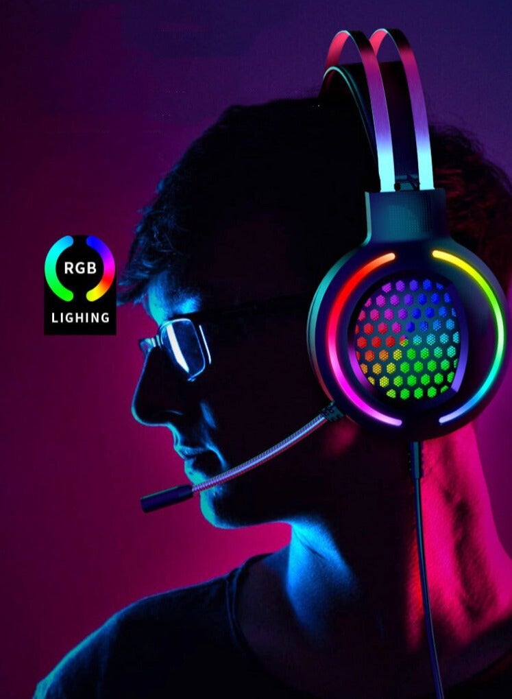 متجر الفرح سماعة ألعاب خفيفة الوزن RGB للكمبيوتر الشخصي، سماعة ألعاب USB7.1 Surround Sound، سماعة رأس سوداء ذات صوت جهير ثقيل 7.1، سماعة رأس سلكية لألعاب الكمبيوتر - Image 2