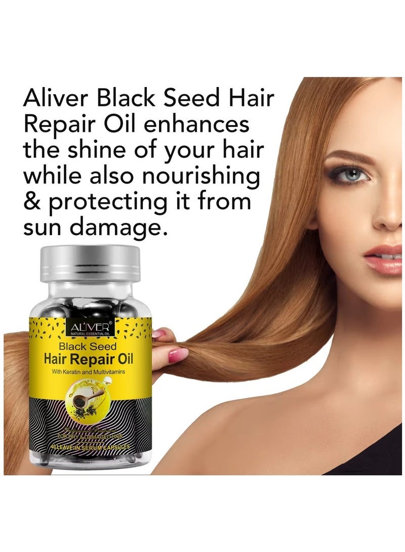 ALIVER 40 Pcs Black Seed Hair Repair Oil Capsules Organic Black Seed Oil with Keratin & Multivitamins Black Seed Hair Repair Oil Shines Nourishing Repair Dry & Damaged Hair Treatment Leave-In Serum - Image 3