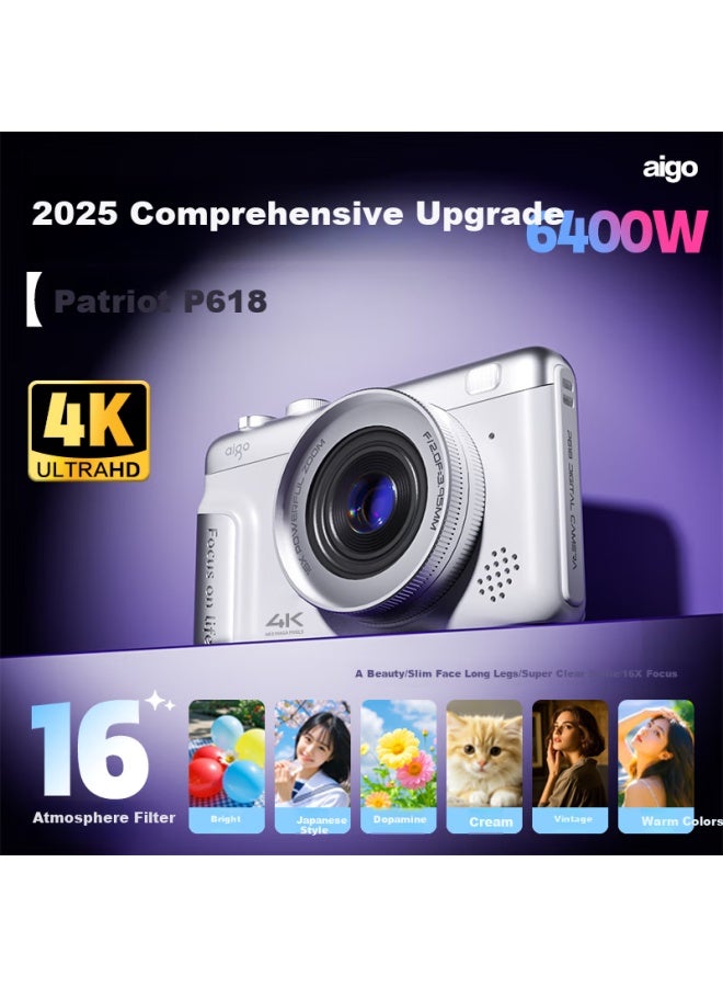 Aigo P618 Dual Rear Cameras Selfie Digital Camera For Students, Birthday Gift For Girls, Entry-level Campus High-definition Travel Mirrorless Camera, Vlog Alternative, Ccd, White, 32gb - Image 4