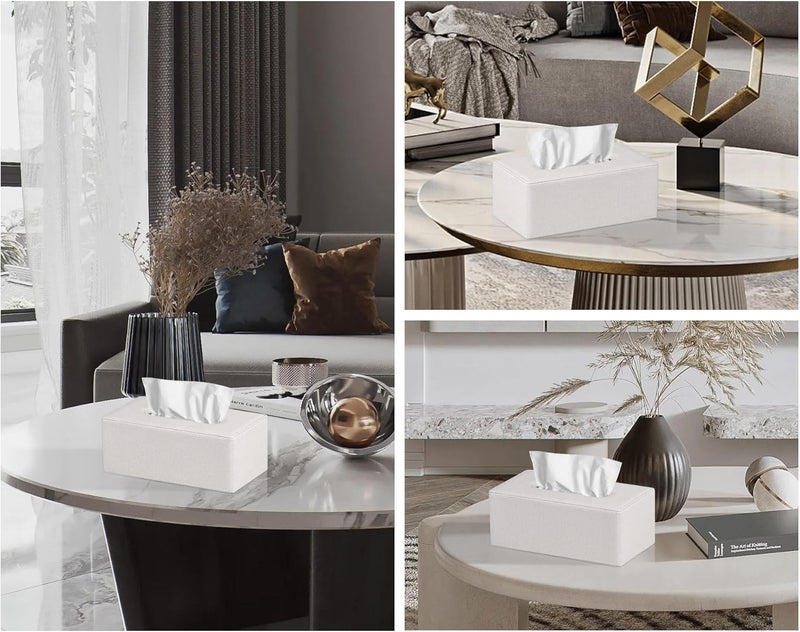 GOLRANLYE غطاء صندوق المناديل مستطيل 9.8 بوصة (طول) × 5.3 بوصة (عرض) × 4.3 بوصة (ارتفاع) حامل صندوق موزع المناديل الوجهية من الجلد PU الحديث والمكرر لزينة الخزانة والحمام (بيج كتان) - Image 4