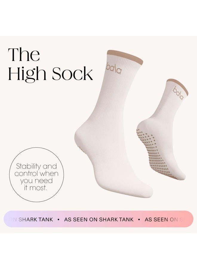 Bala High Sock with Grips - Classic Crew Slip-Free High Socks Designed for Yoga, Pilates, Barre & Home Workouts - Lightweight, Sand, M - Image 2