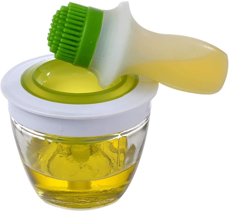 MIRARIYA Kitchen Set Oil Dispenser Glass Bowl Container and Silicone Pastry Brush Set for Cooking BBQ Baking and GrillingChefs Basting Set Oil Bottle Brush for Kitchen Green - Image 1