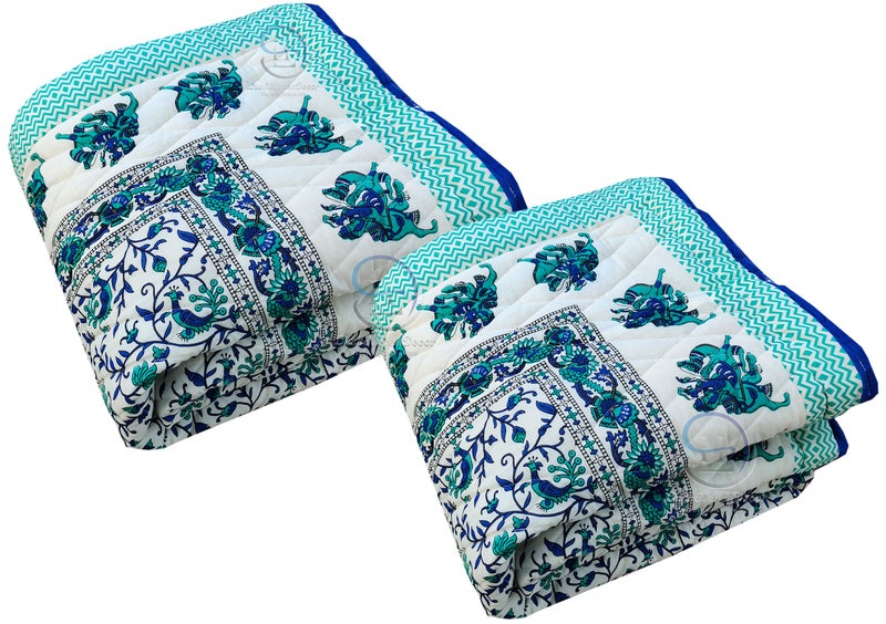 LushHavenDecor Rajasthani Traditional Cotton and Microfiber Jaipuri razai ac Blanket Blue Camel Animal Print with Floral Design Single Bed Reversible (Both Sided) Jaipuri Quilt (55 x 85 inch) Blue - Image 1