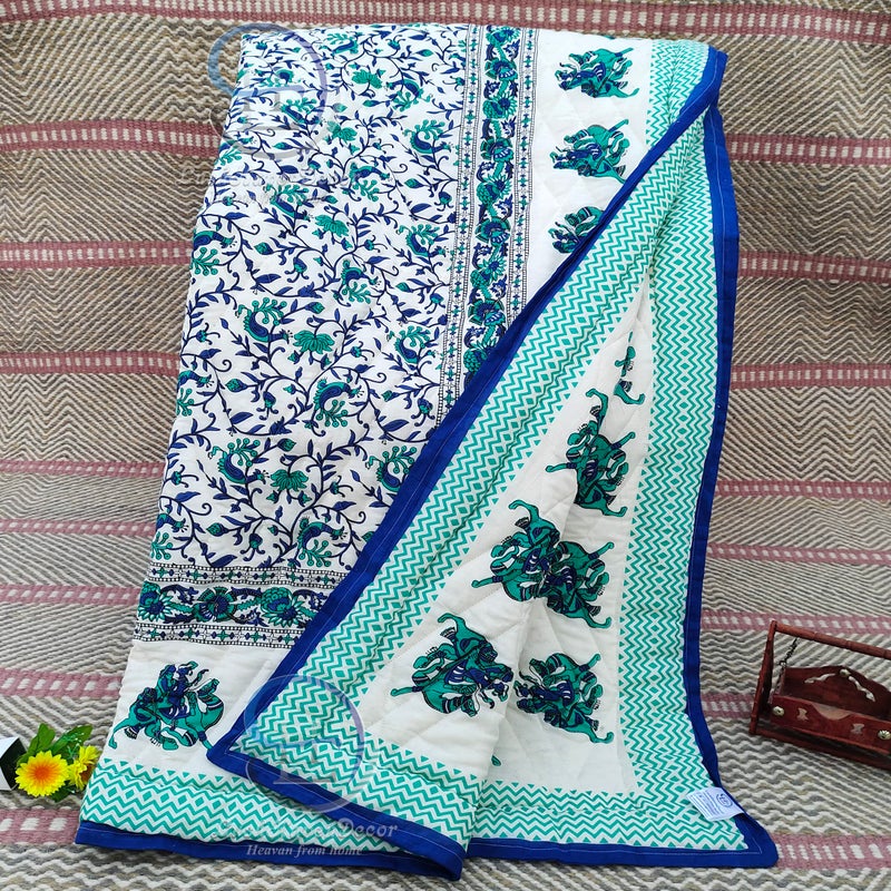 LushHavenDecor Rajasthani Traditional Cotton and Microfiber Jaipuri razai ac Blanket Blue Camel Animal Print with Floral Design Single Bed Reversible (Both Sided) Jaipuri Quilt (55 x 85 inch) Blue - Image 2