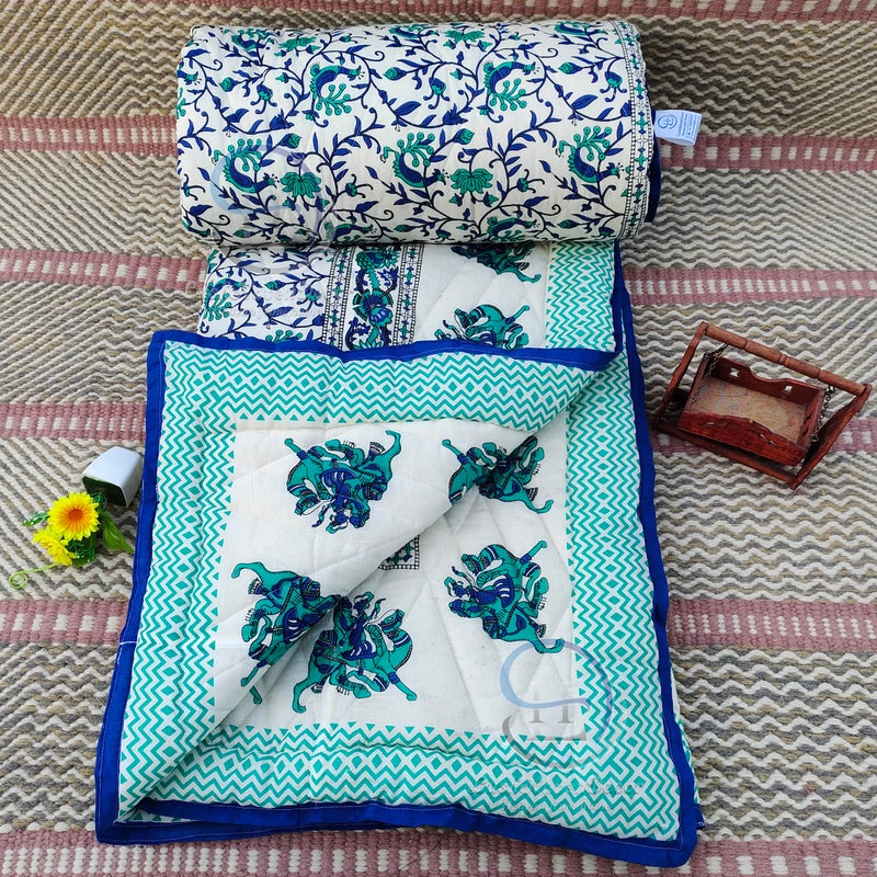 LushHavenDecor Rajasthani Traditional Cotton and Microfiber Jaipuri razai ac Blanket Blue Camel Animal Print with Floral Design Single Bed Reversible (Both Sided) Jaipuri Quilt (55 x 85 inch) Blue - Image 5