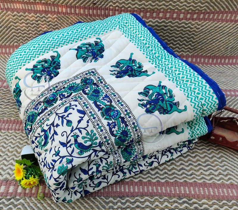 LushHavenDecor Rajasthani Traditional Cotton and Microfiber Jaipuri razai ac Blanket Blue Camel Animal Print with Floral Design Single Bed Reversible (Both Sided) Jaipuri Quilt (55 x 85 inch) Blue - Image 4