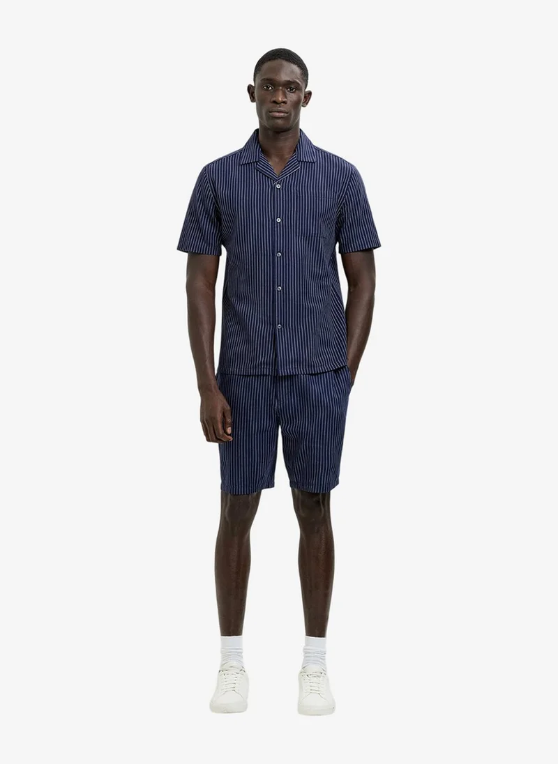 Short Sleeve Twill Navy Blue Striped Shirt