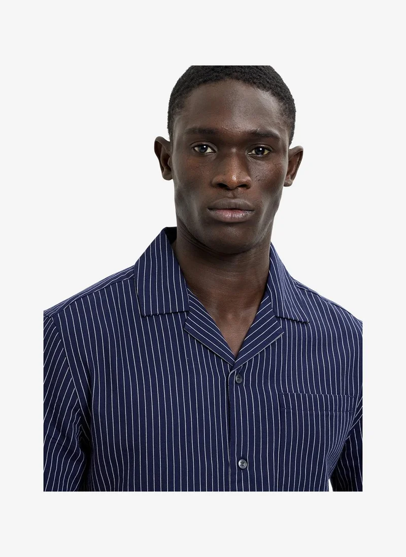 French Connection Short Sleeve Twill Navy Blue Striped Shirt
