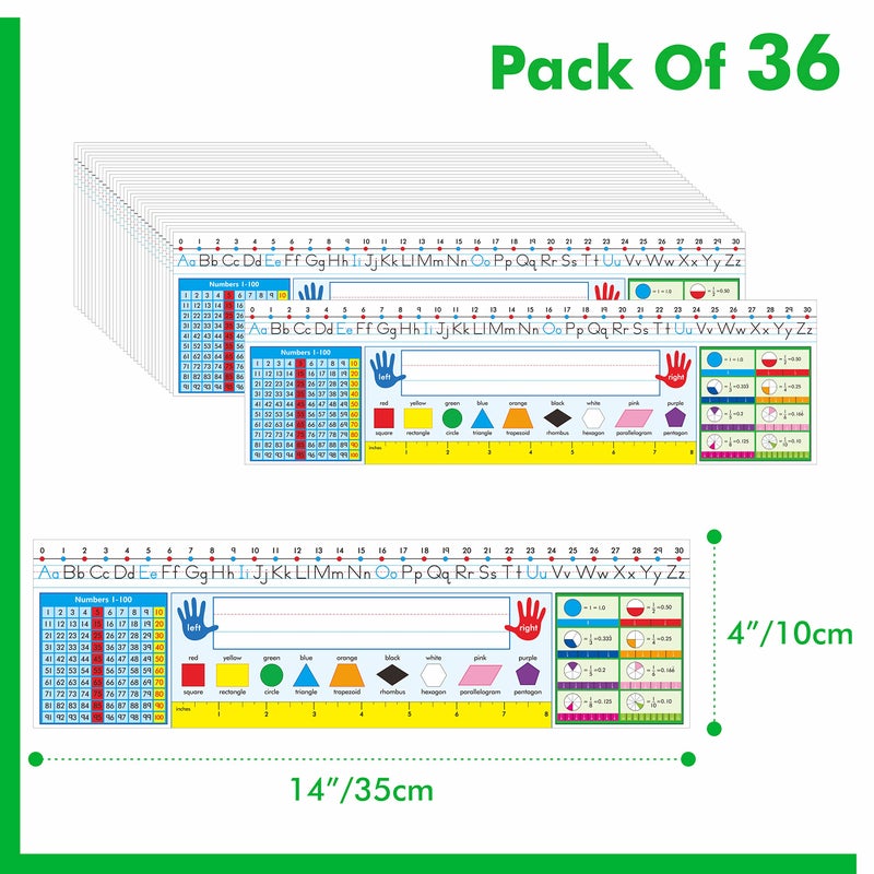 Gethelud 36 PCS Desk Nameplates, Double Sided PET Film Desk Name Tags with Alphabet, Numbers, Fractions, Shapes, Colors and Ruler Erasable & Reusable Traditional Manuscript Name Plate for Classroom (14â€ x 4â€) - Image 2