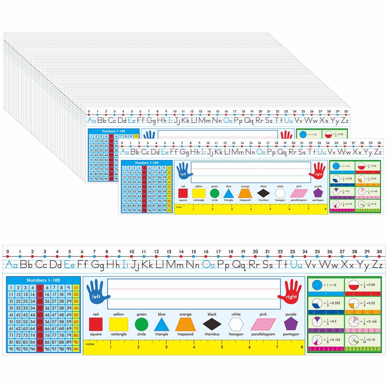 Gethelud 36 PCS Desk Nameplates, Double Sided PET Film Desk Name Tags with Alphabet, Numbers, Fractions, Shapes, Colors and Ruler Erasable & Reusable Traditional Manuscript Name Plate for Classroom (14â€ x 4â€) - Image 1