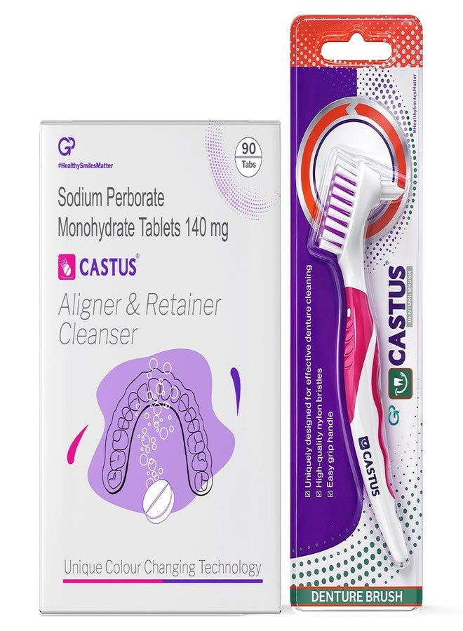 Castus Retainer & Aligners Cleanser Tablets (90 Tablets) sanitizes and removes stains. Ideal for Aligners, Retainers, and Mouthguards and CASTUS Manual Denture Brush (Pack Of 1) oral care(combo pack) - Image 1